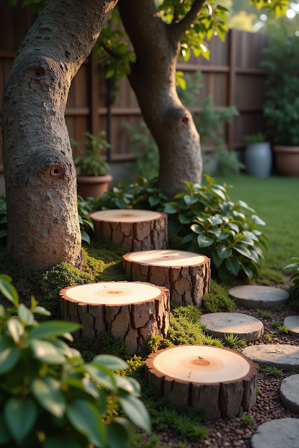 deko mit baumscheiben im garten outline 1