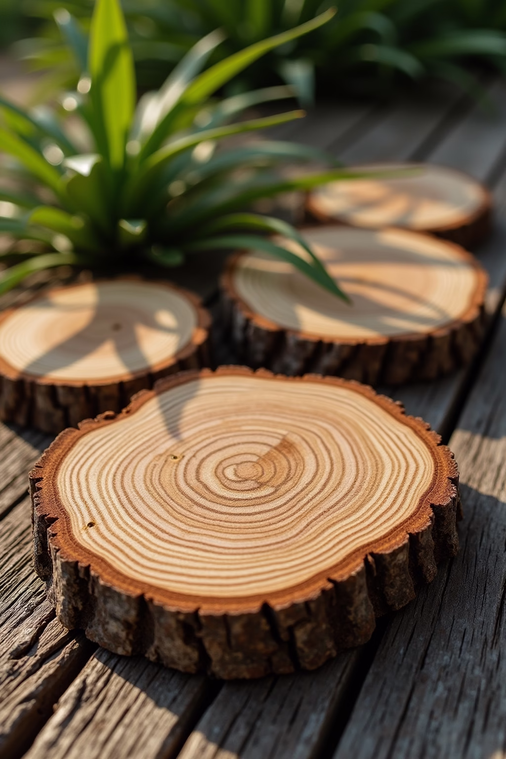 deko mit baumscheiben im garten outline 4