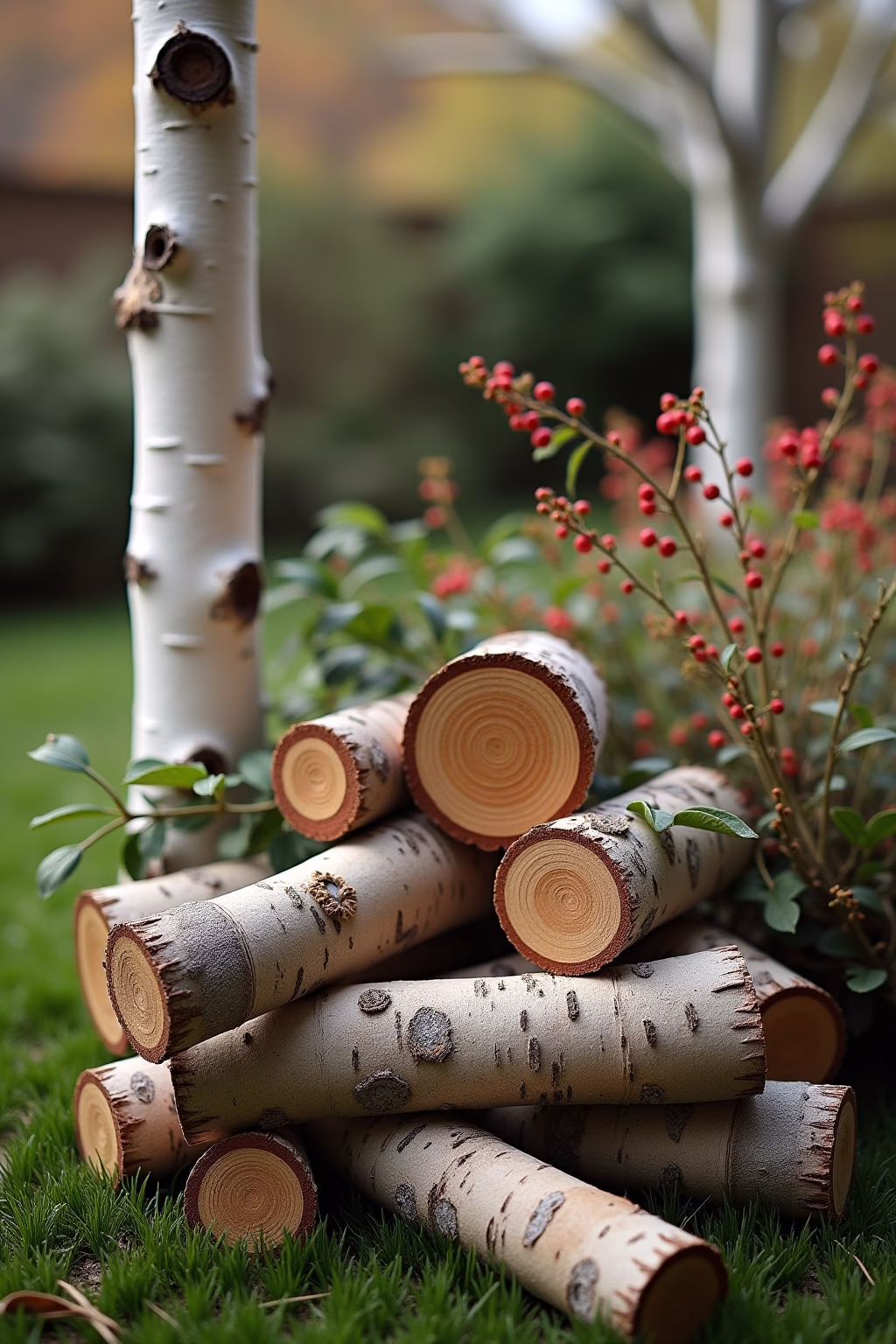 deko mit birkenstaemmen im garten outline 1