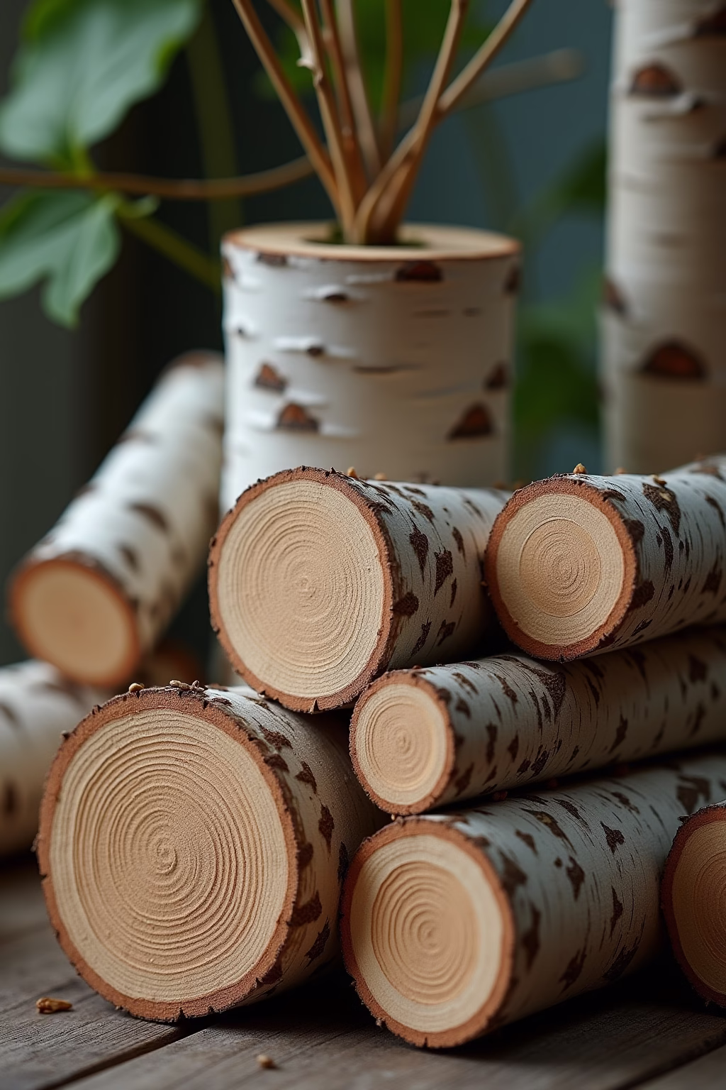 deko mit birkenstaemmen im garten outline 3