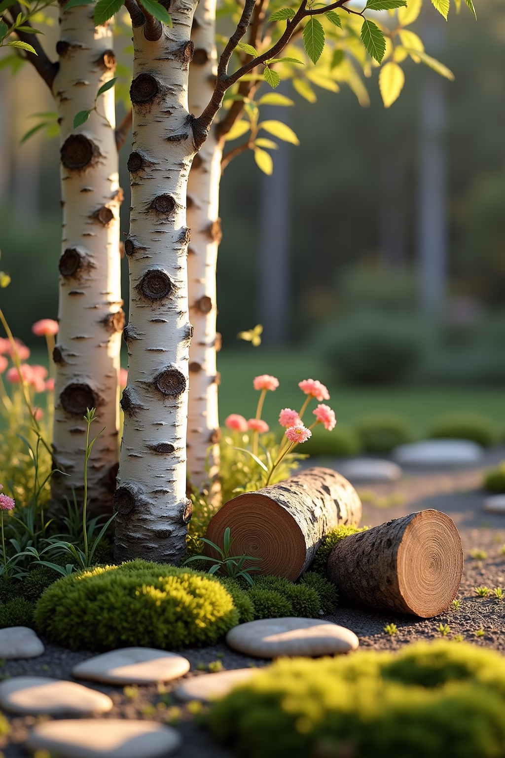 deko mit birkenstaemmen im garten outline 6