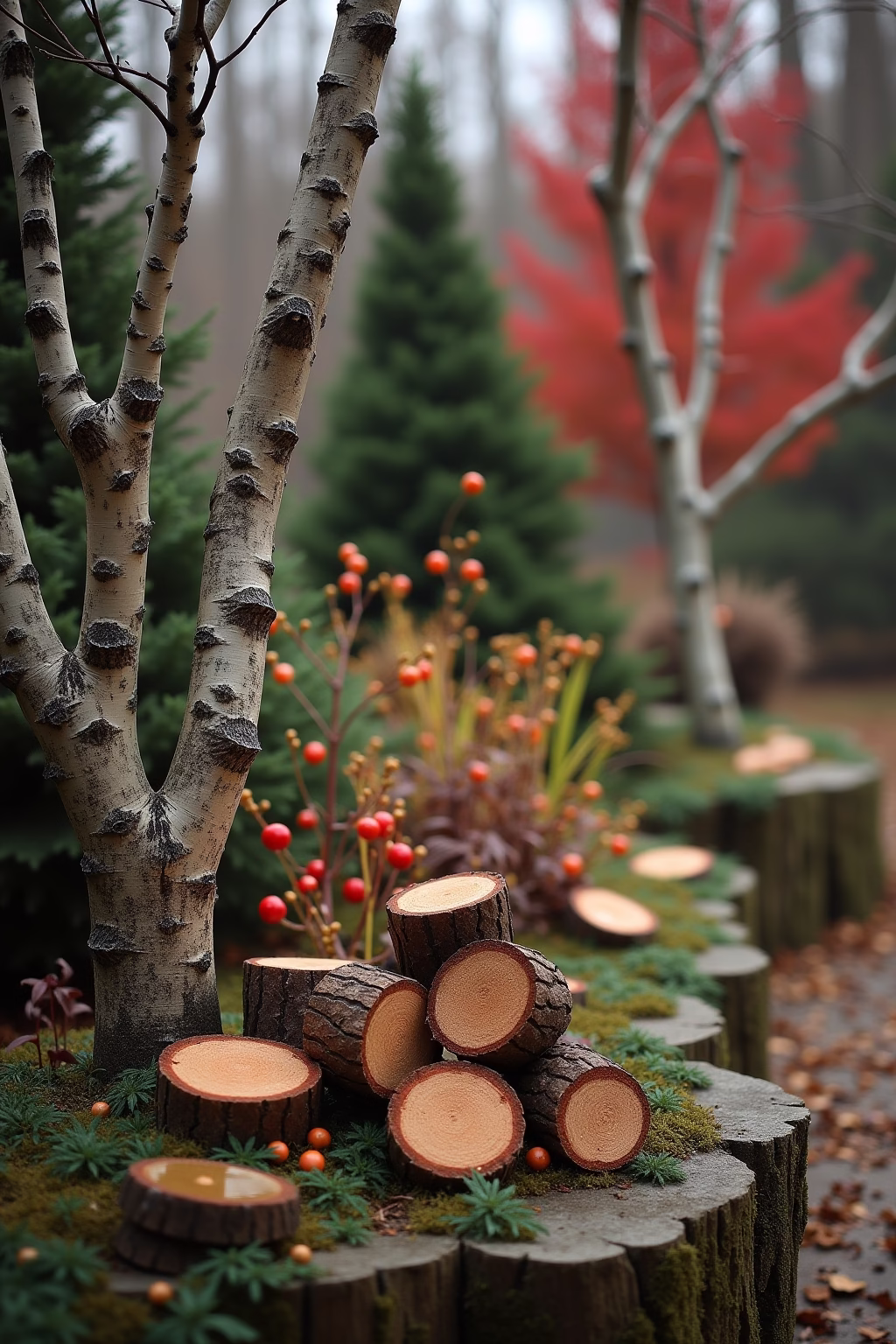 deko mit birkenstaemmen im garten outline 8